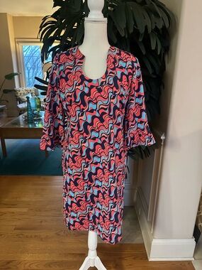 🧡💙Katherine Way Orange & Blue Wave-Print 3/4 Ruffle Sleeve Stretch Dress M💙🧡